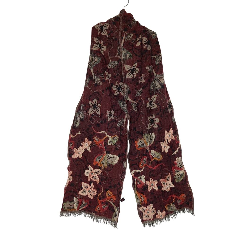 Asian Eye 100% Wool Burgundy Floral Jacquard Felted Scarf Dark Boho Fairy Grunge